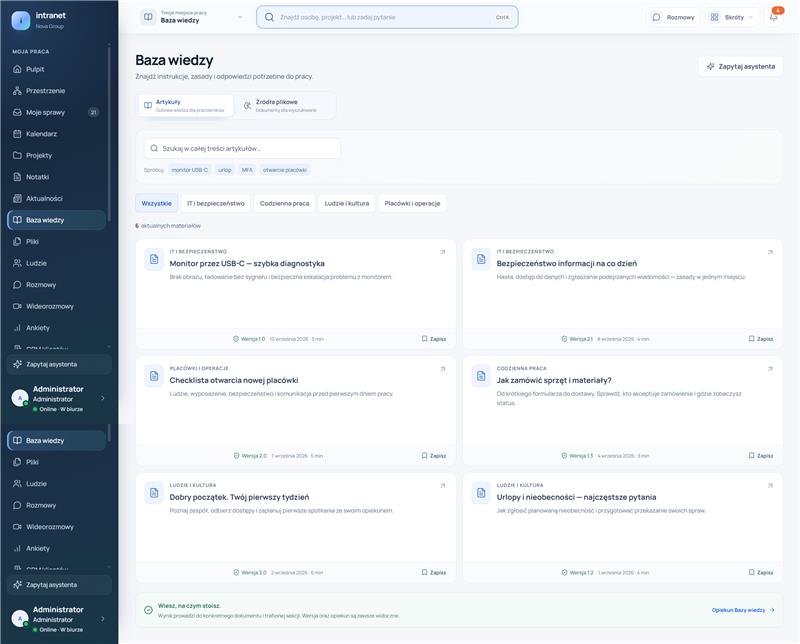 Baza wiedzy IntranetMax z artykułami i wyszukiwaniem