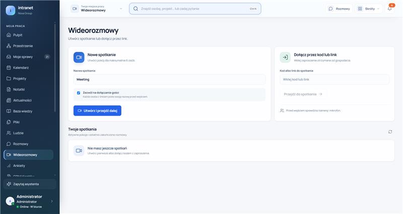 Ekran tworzenia wideospotkania w IntranetMax